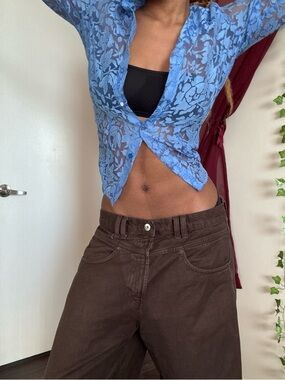 Blue Sheer Floral Button-Up Top - Womens